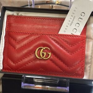 Gucci Red Quilted Chevron Leather Card Holder NIB w dust bag full inclusion